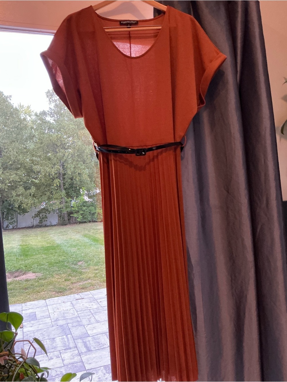 Pleated Midi Dress with Belt in Terracotta